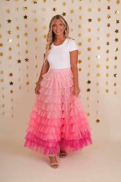 Pink Ombre Tulle Maxi Skirt- Women's Dramatic Tulle Skirt- Pink Tulle Skirt