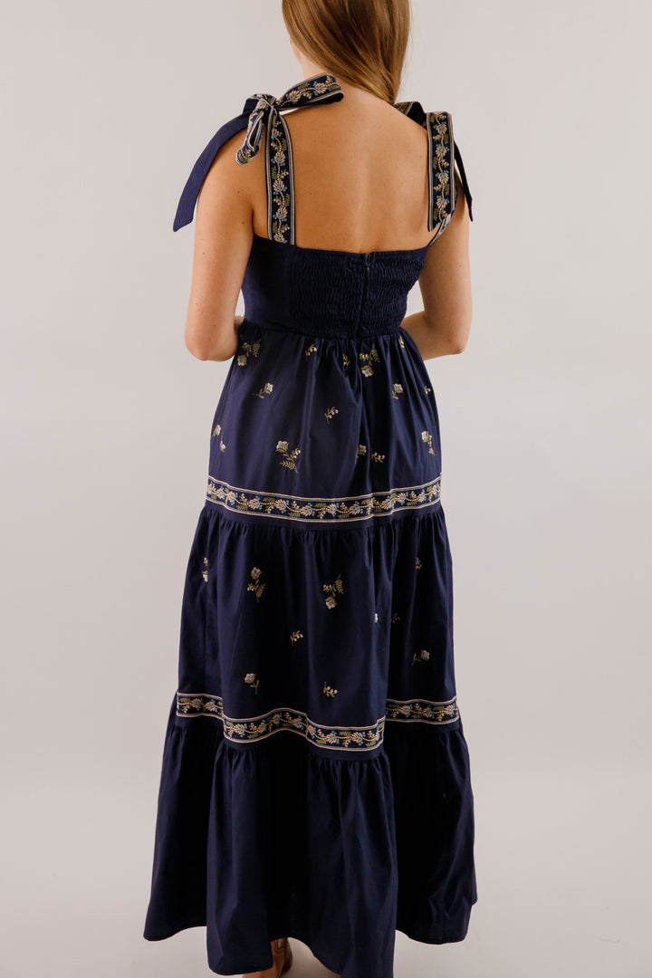 Navy Blue Embroidered Maxi- Women's Boho Style Dresses- Mable Maxi Dress Small