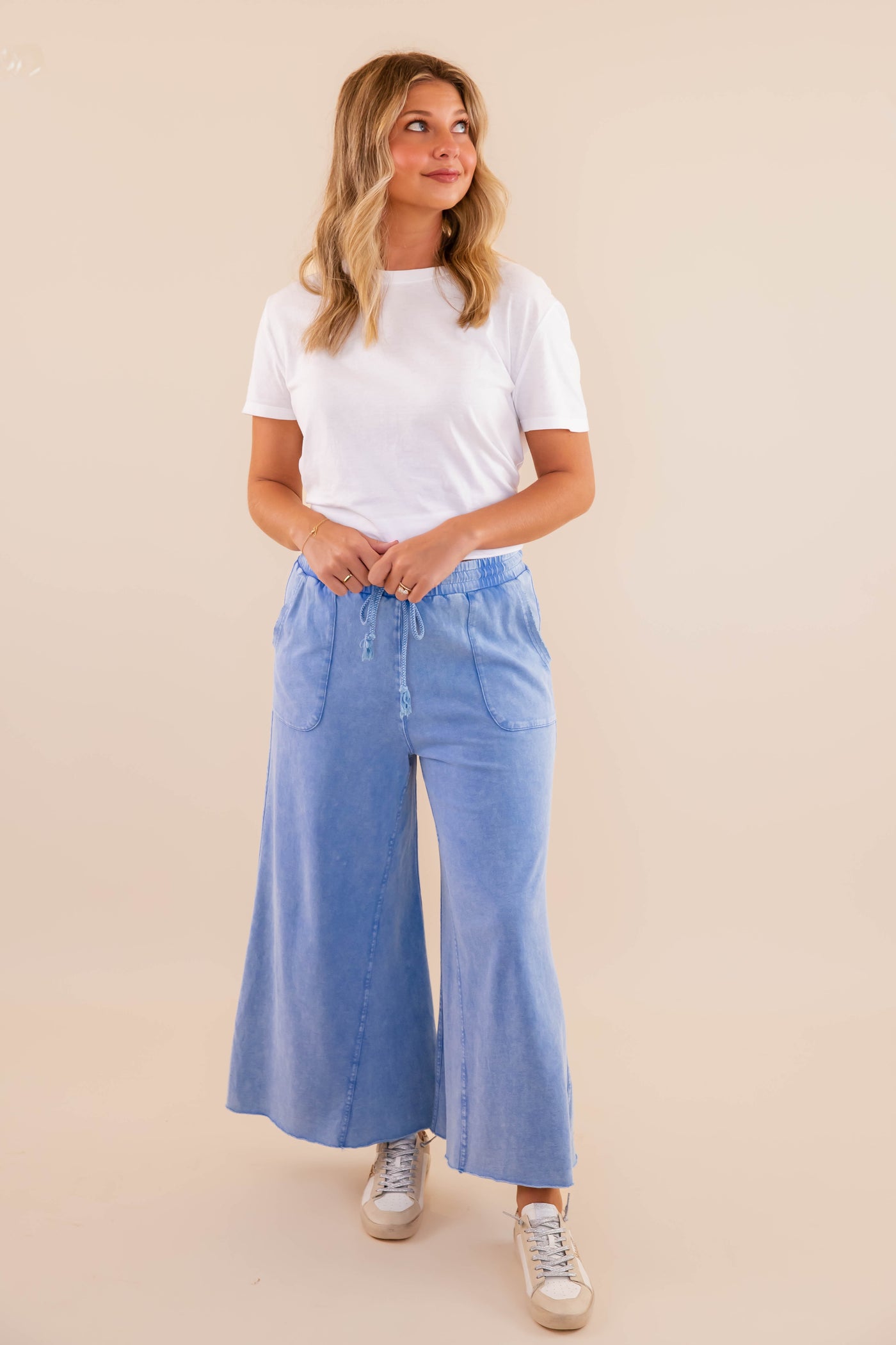 Denim Blue Mineral Wash Travel Pants- Comfy Blue Cropped Pants- Easel Cropped Pants
