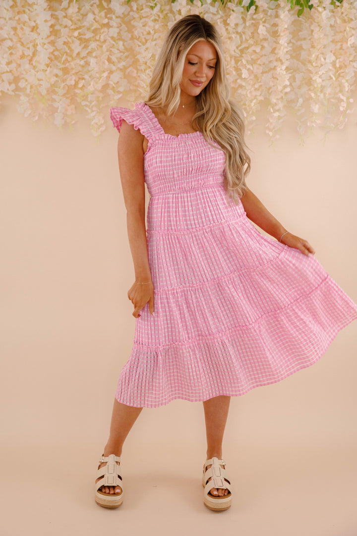 Pink and White Gingham Dress- Women's Pink Gingham Midi Dress- Umgee Dresses Large