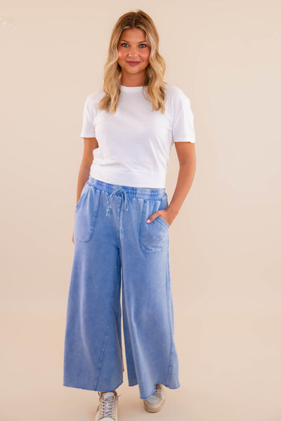 Denim Blue Mineral Wash Travel Pants- Comfy Blue Cropped Pants- Easel Cropped Pants