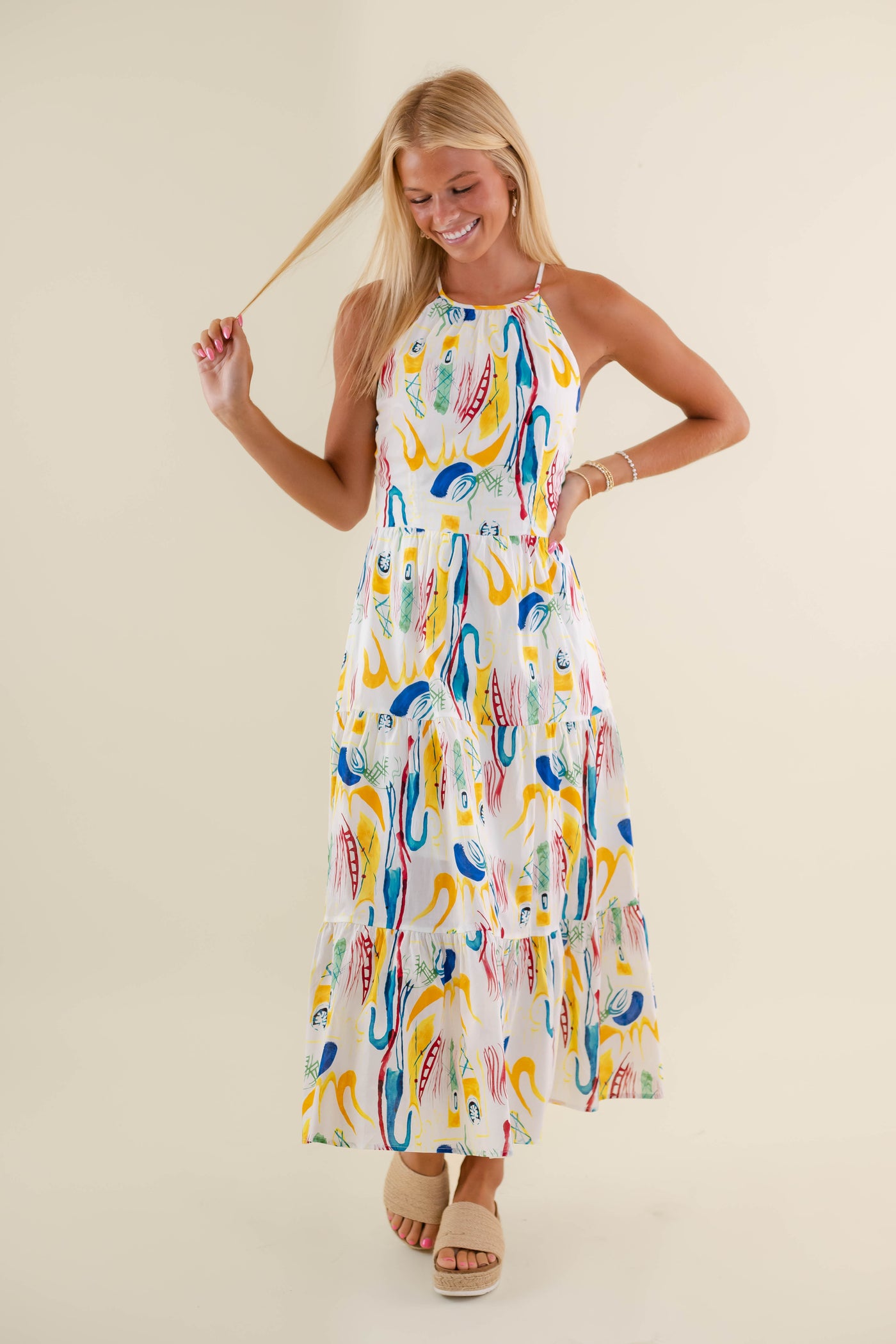 Colorful Abstract Print Midi Dress- Women's Vacation Dresses