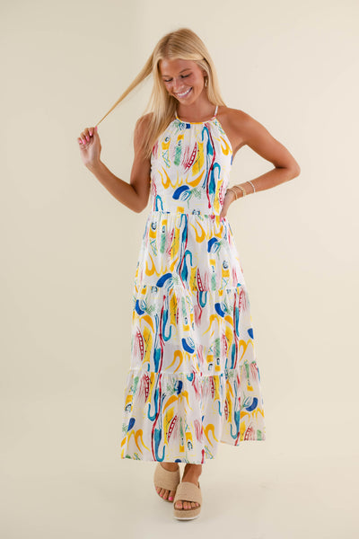 Colorful Abstract Print Midi Dress- Women's Vacation Dresses