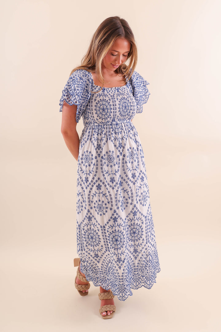 Women's White And Blue Maxi Dress- Blue Embroidered Maxi- Women's Coastal  Dresses  Juliana's Boutique