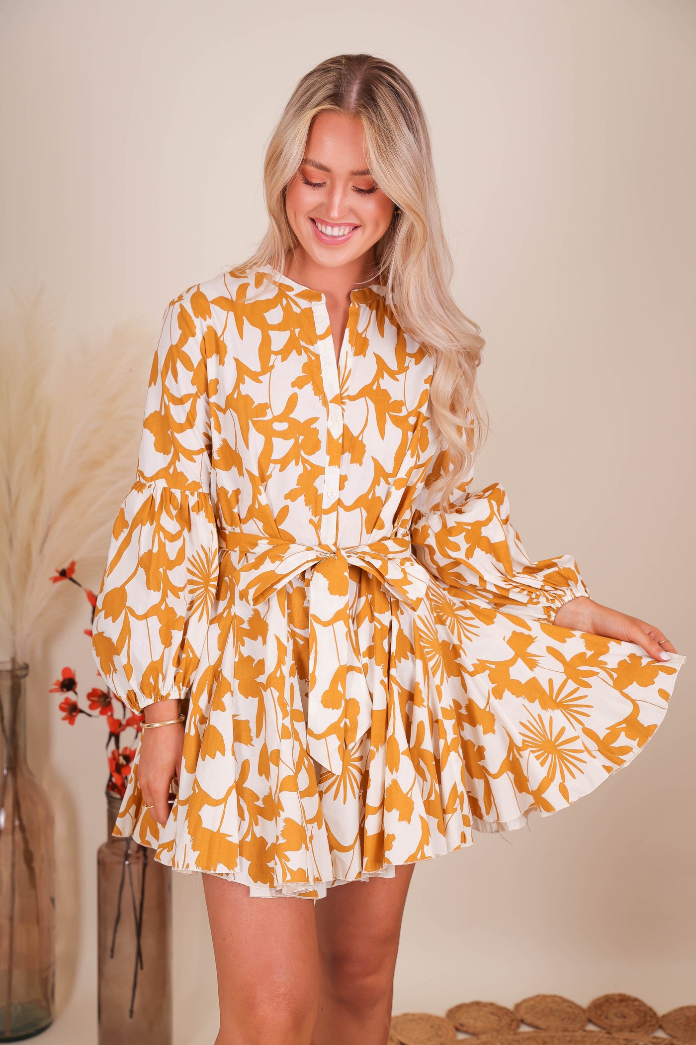 Women's Long Sleeve Dresses- Yellow Floral Dress- Aakaa Dresses