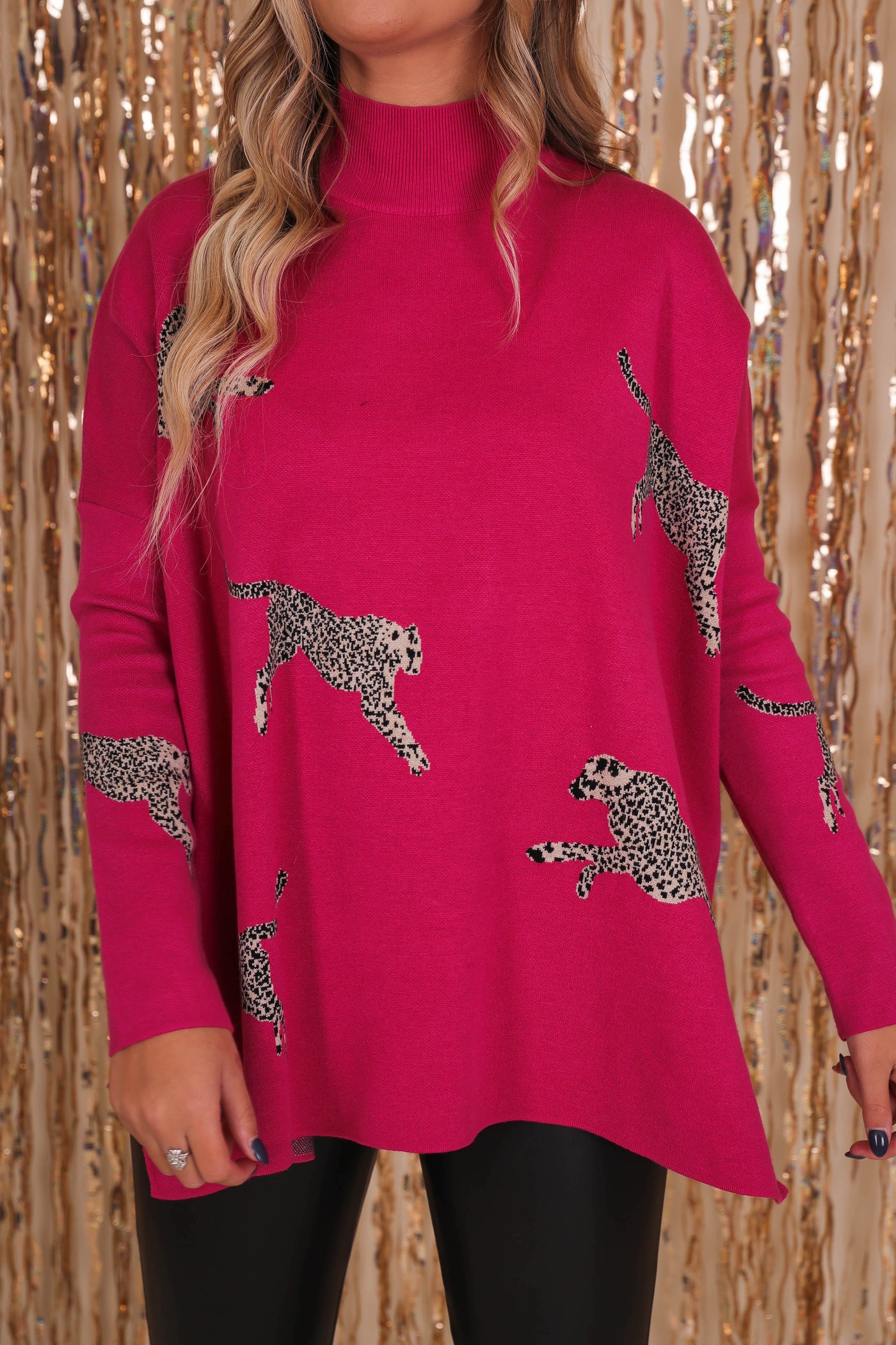Women's Pink Cheetah Sweater- Pink Mock Neck Sweater- Pink Entro Cheetah Sweater