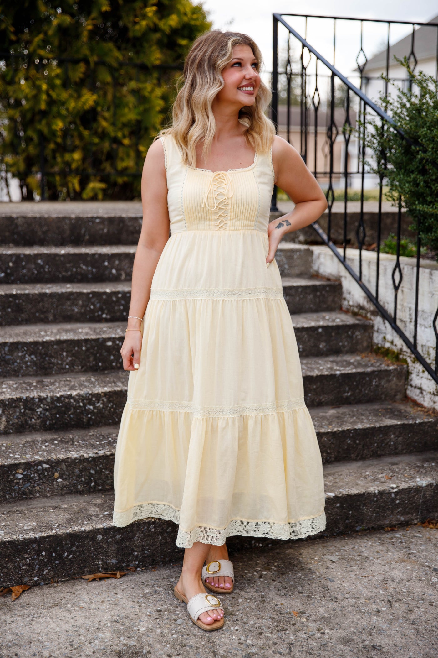 butter yellow lace dress Lace-Up Maxi – Romantic Tiered Cottage Dress- In Loom Maxi Dress Medium Millie Bobby Brown's Style The butter‐yellow hue is Price_Change_NIAO Style:Dress Only