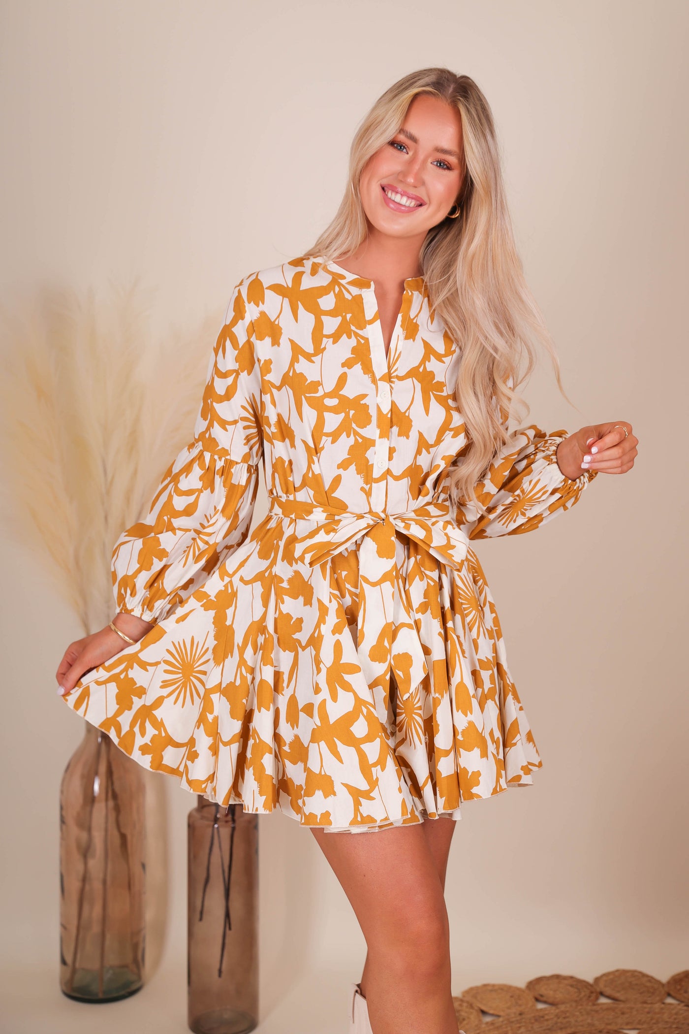 Women's Long Sleeve Dresses- Yellow Floral Dress- Aakaa Dresses