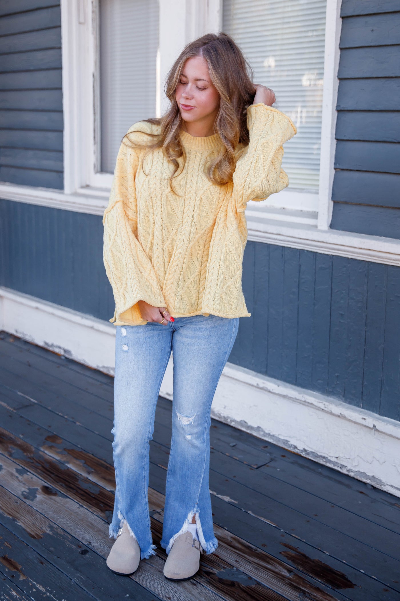 Yellow Cable Knit Boxy Sweater- Women's Cable Knit Sweater- Oversized Classic Sweater