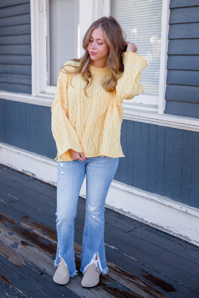 Yellow Cable Knit Boxy Sweater- Women's Cable Knit Sweater- Oversized Classic Sweater