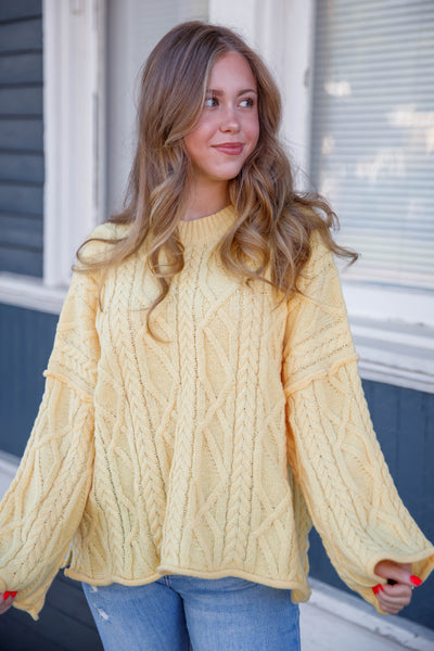 Yellow Cable Knit Boxy Sweater- Women's Cable Knit Sweater- Oversized Classic Sweater
