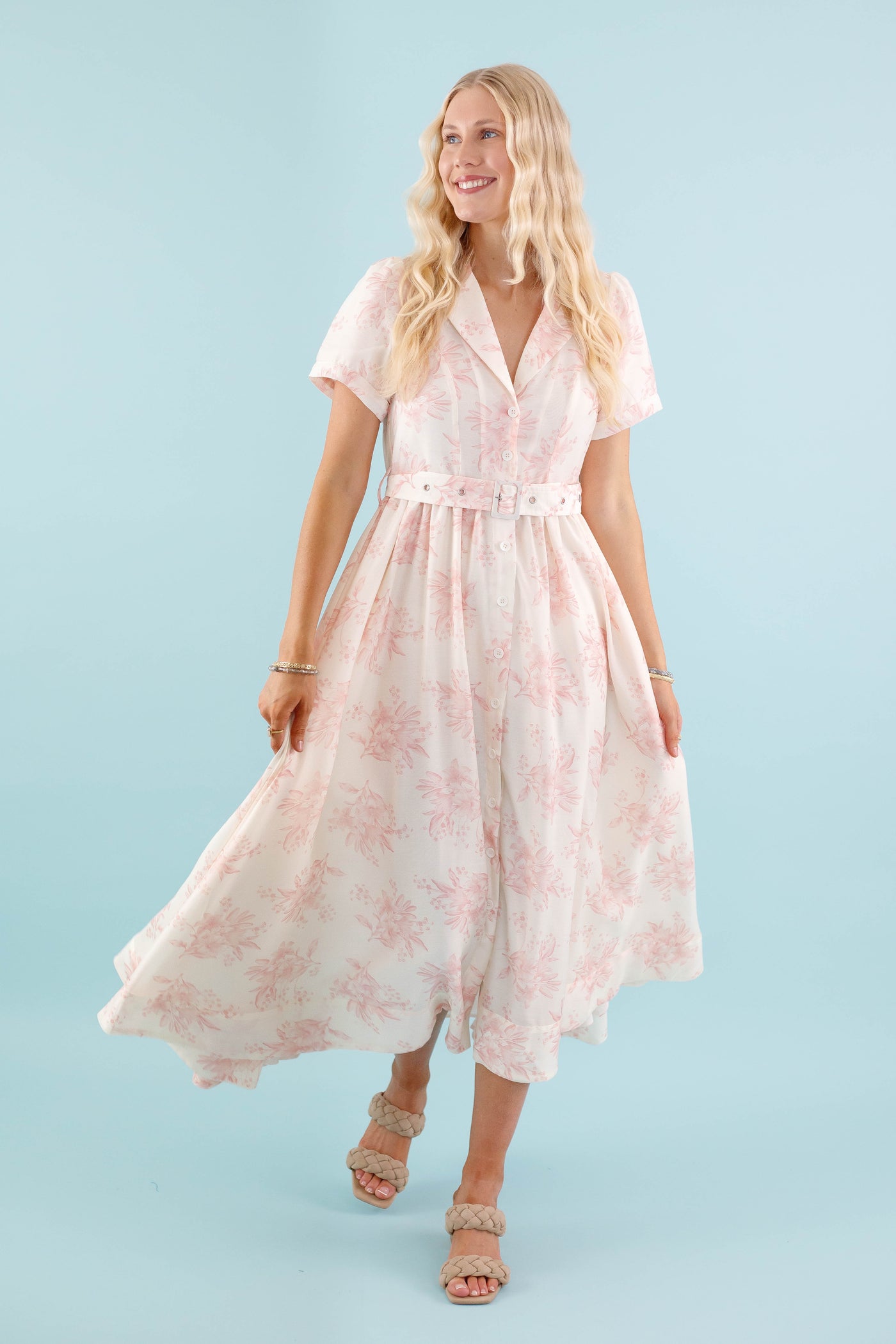 Women's Belted Shirt Dress- Vintage Inspired Dresses- Blush Print Midi