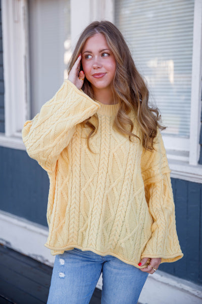 Yellow Cable Knit Boxy Sweater- Women's Cable Knit Sweater- Oversized Classic Sweater