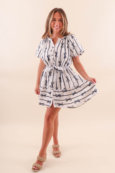 Preppy White and Navy Dress with Bow Design - White Button Down Dress with Bows- Umgee Bow Dress