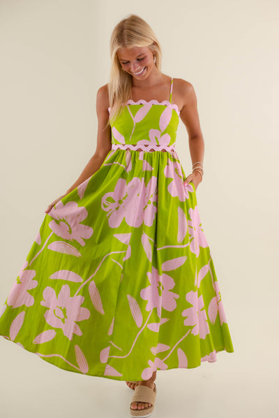 Women's Pink And Green Maxi Dress- Women's Preppy Dresses- PeachLove Maxi Dress