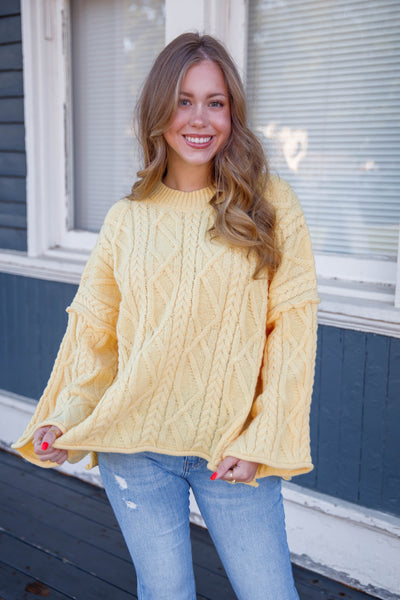 Yellow Cable Knit Boxy Sweater- Women's Cable Knit Sweater- Oversized Classic Sweater