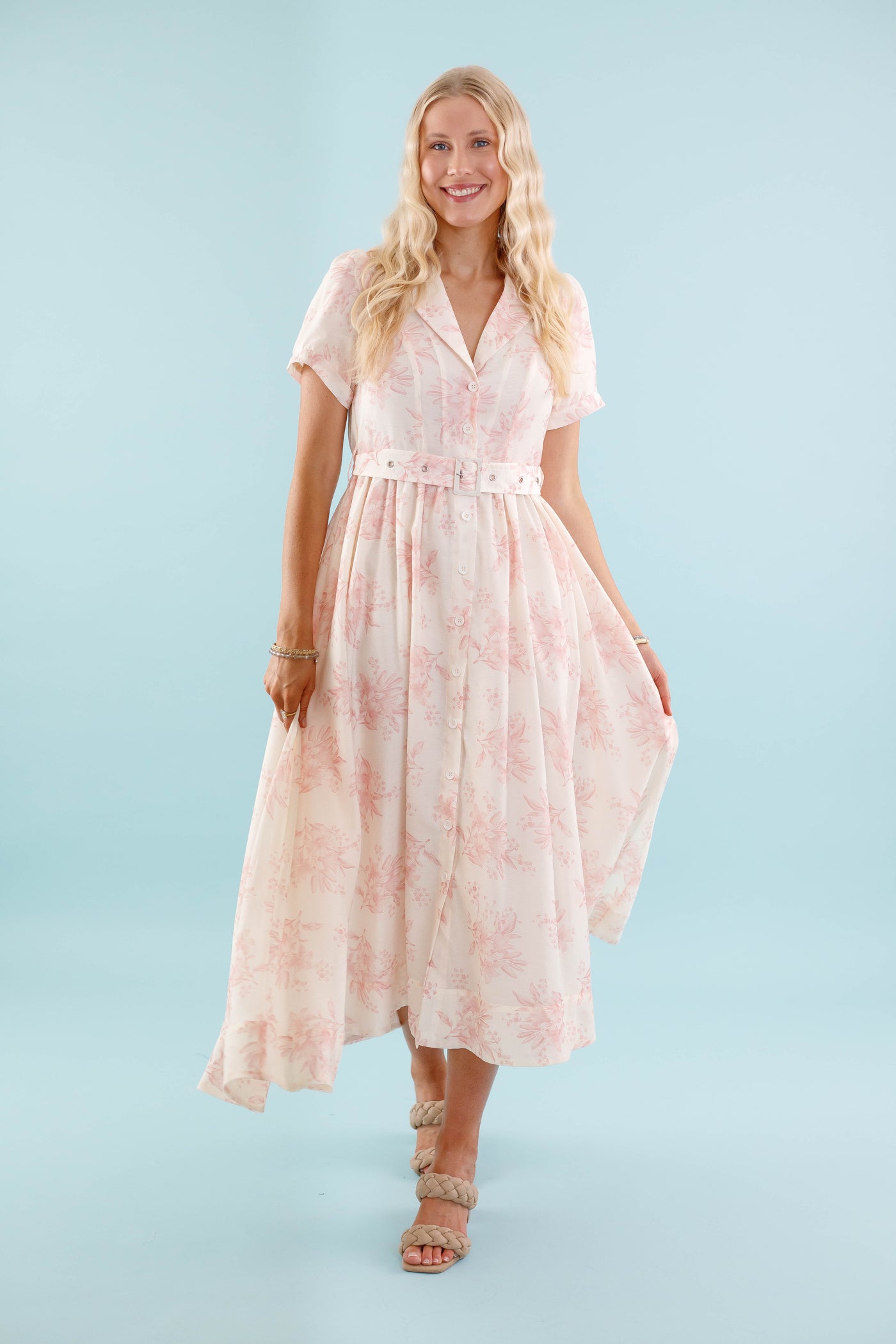 Women's Belted Shirt Dress- Vintage Inspired Dresses- Blush Print Midi