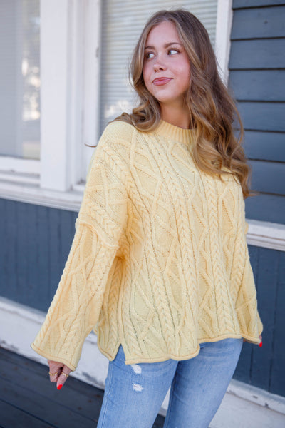 Yellow Cable Knit Boxy Sweater- Women's Cable Knit Sweater- Oversized Classic Sweater
