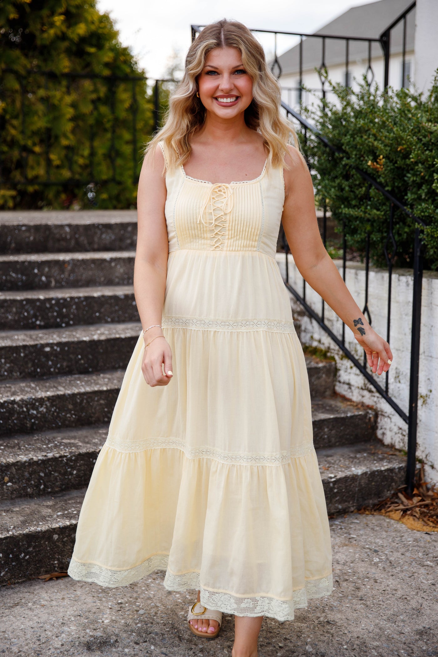 in loom maxi dress Butter Yellow Lace-Up – Romantic Tiered Cottage Dress- Maxi Dress Medium tie straps Size:0-3M Disney Villain Wedding Dresses Chic Girl