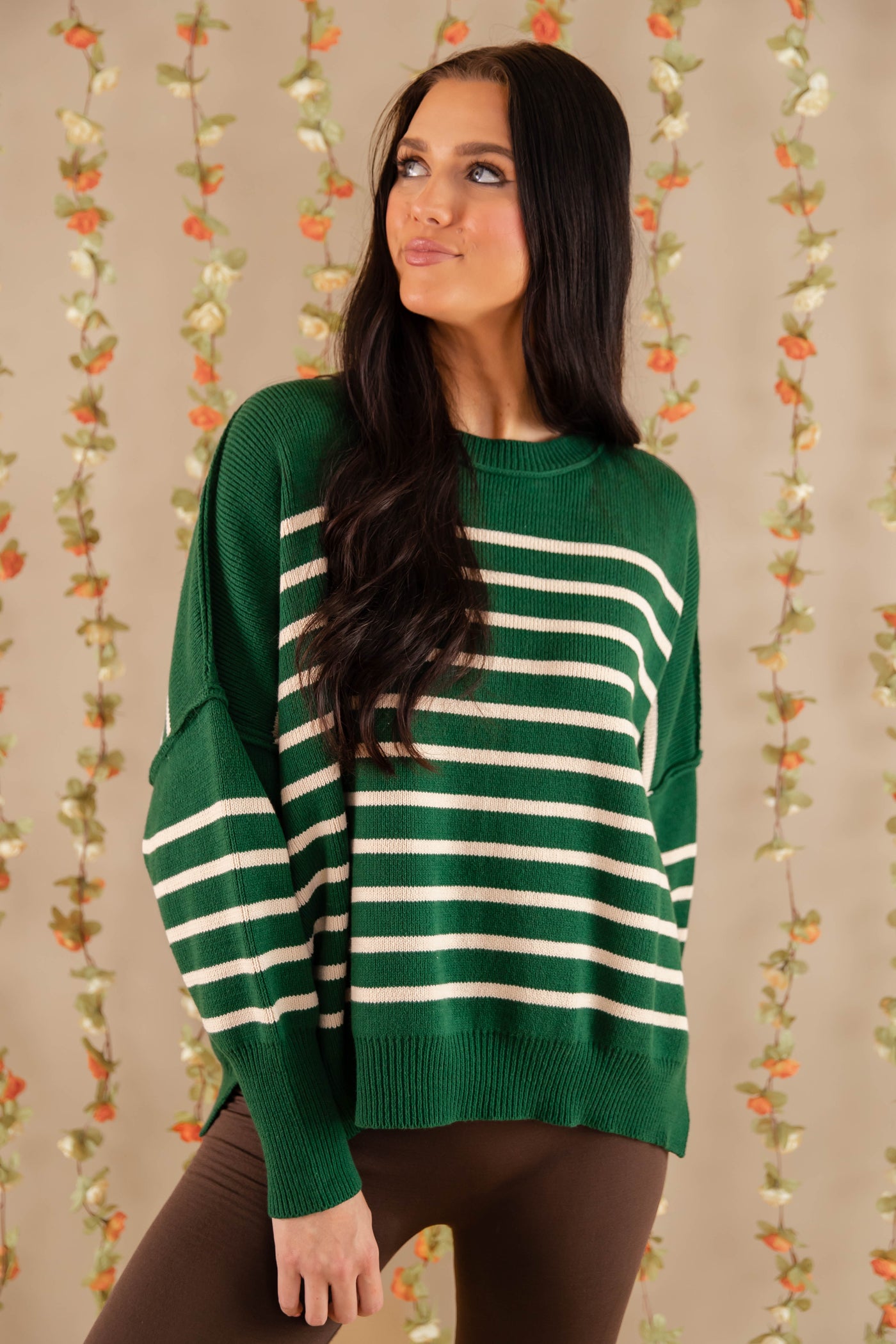 Green Striped Oversized Sweater- Women's Preppy Sweaters- Entro Stripe Sweater