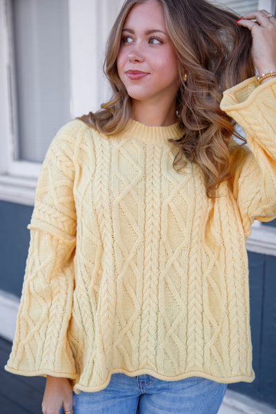 Yellow Cable Knit Boxy Sweater- Women's Cable Knit Sweater- Oversized Classic Sweater