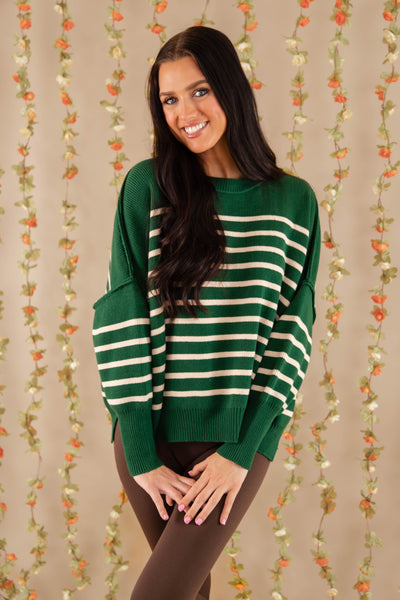 Green Striped Oversized Sweater- Women's Preppy Sweaters- Entro Stripe Sweater