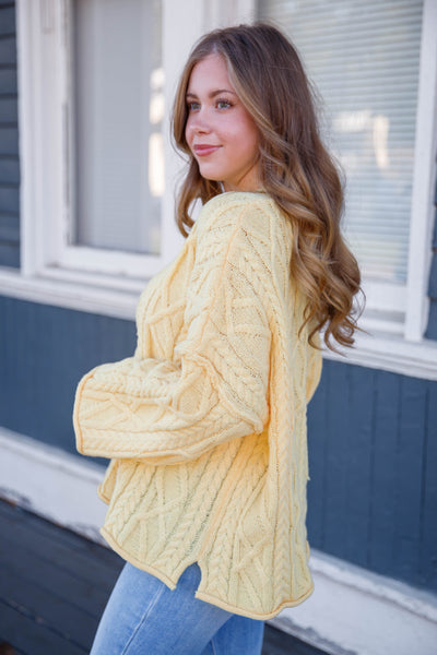 Yellow Cable Knit Boxy Sweater- Women's Cable Knit Sweater- Oversized Classic Sweater