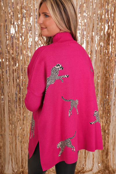 Women's Pink Cheetah Sweater- Pink Mock Neck Sweater- Pink Entro Cheetah Sweater