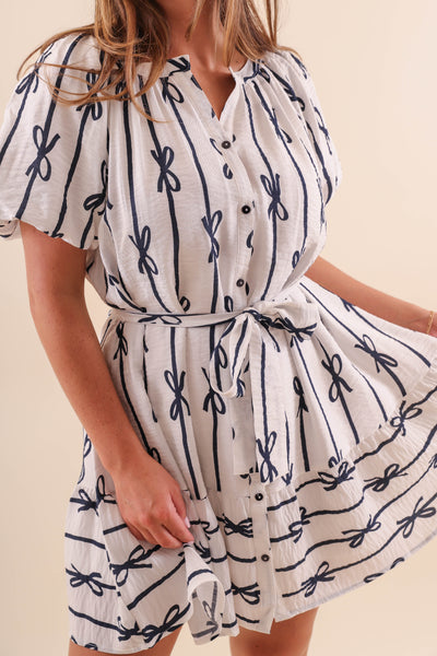 Preppy White and Navy Dress with Bow Design - White Button Down Dress with Bows- Umgee Bow Dress