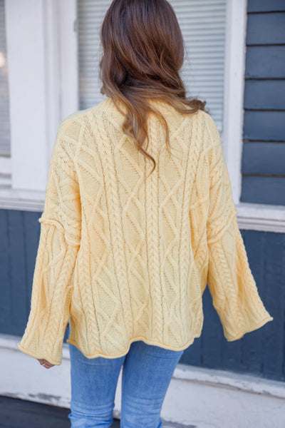 Yellow Cable Knit Boxy Sweater- Women's Cable Knit Sweater- Oversized Classic Sweater