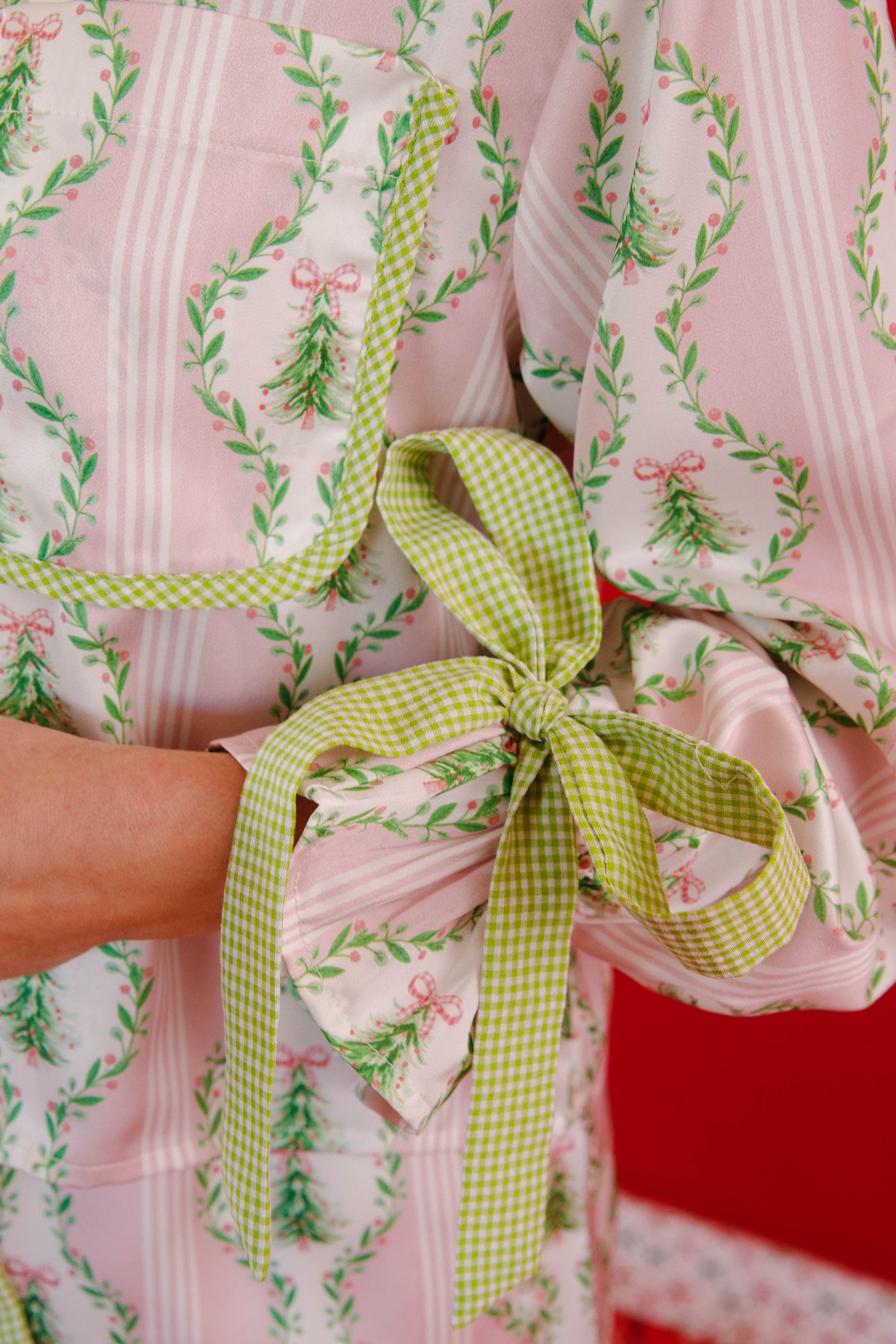 Satin Christmas Pajama Top- Pink and Green Christmas Tree Pajama Top- Peach Love Cream Christmas Pajama Top