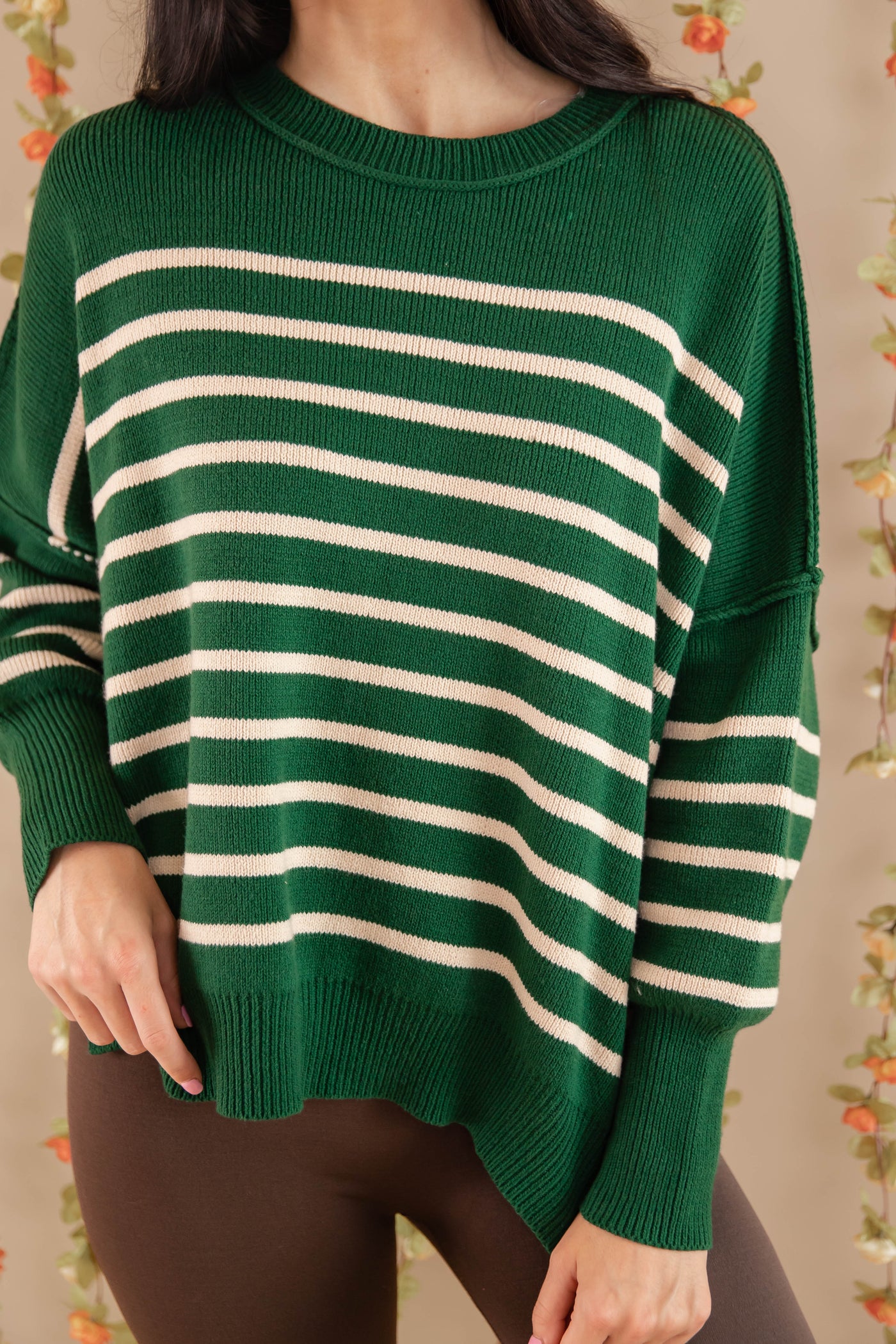 Green Striped Oversized Sweater- Women's Preppy Sweaters- Entro Stripe Sweater