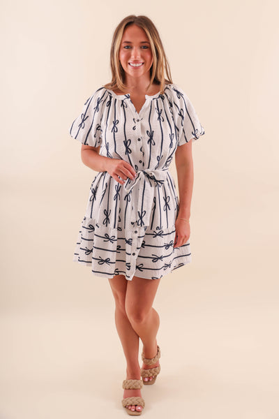 Preppy White and Navy Dress with Bow Design - White Button Down Dress with Bows- Umgee Bow Dress