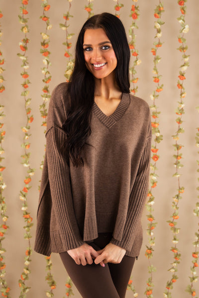 Women's Brown Brushed Knit Sweater- Oversized V-Neckline Sweater- Women's Comfy Tops