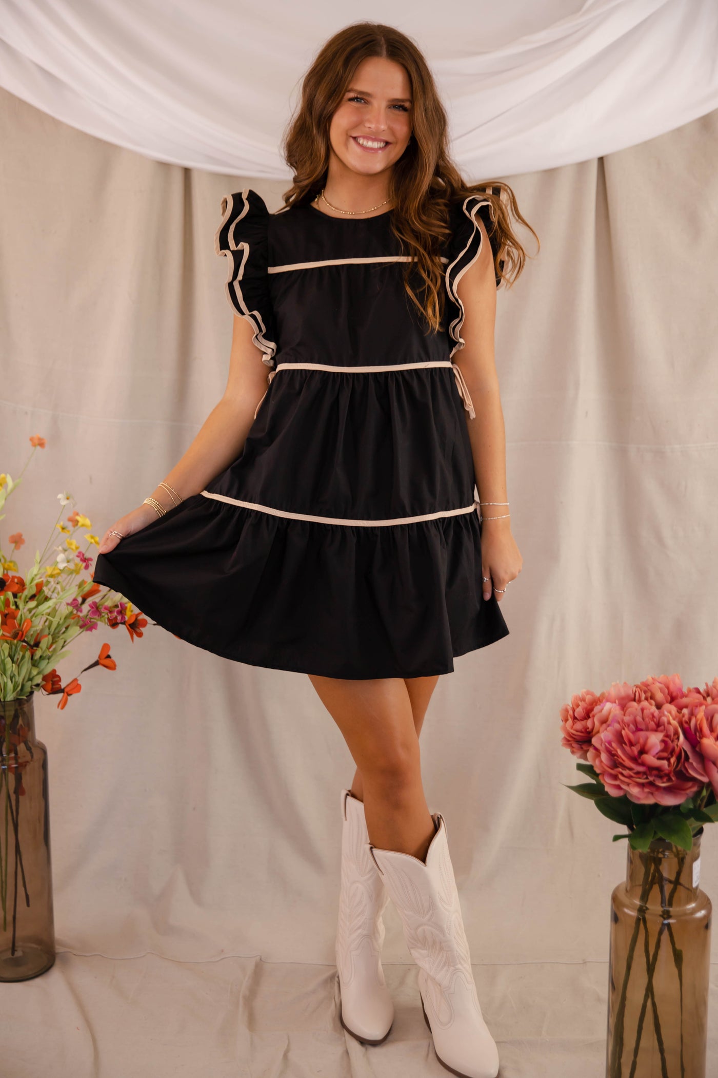 Women's Black Tiered Dress- Black Ribbon Dress- Women's Black Ruffle Dress