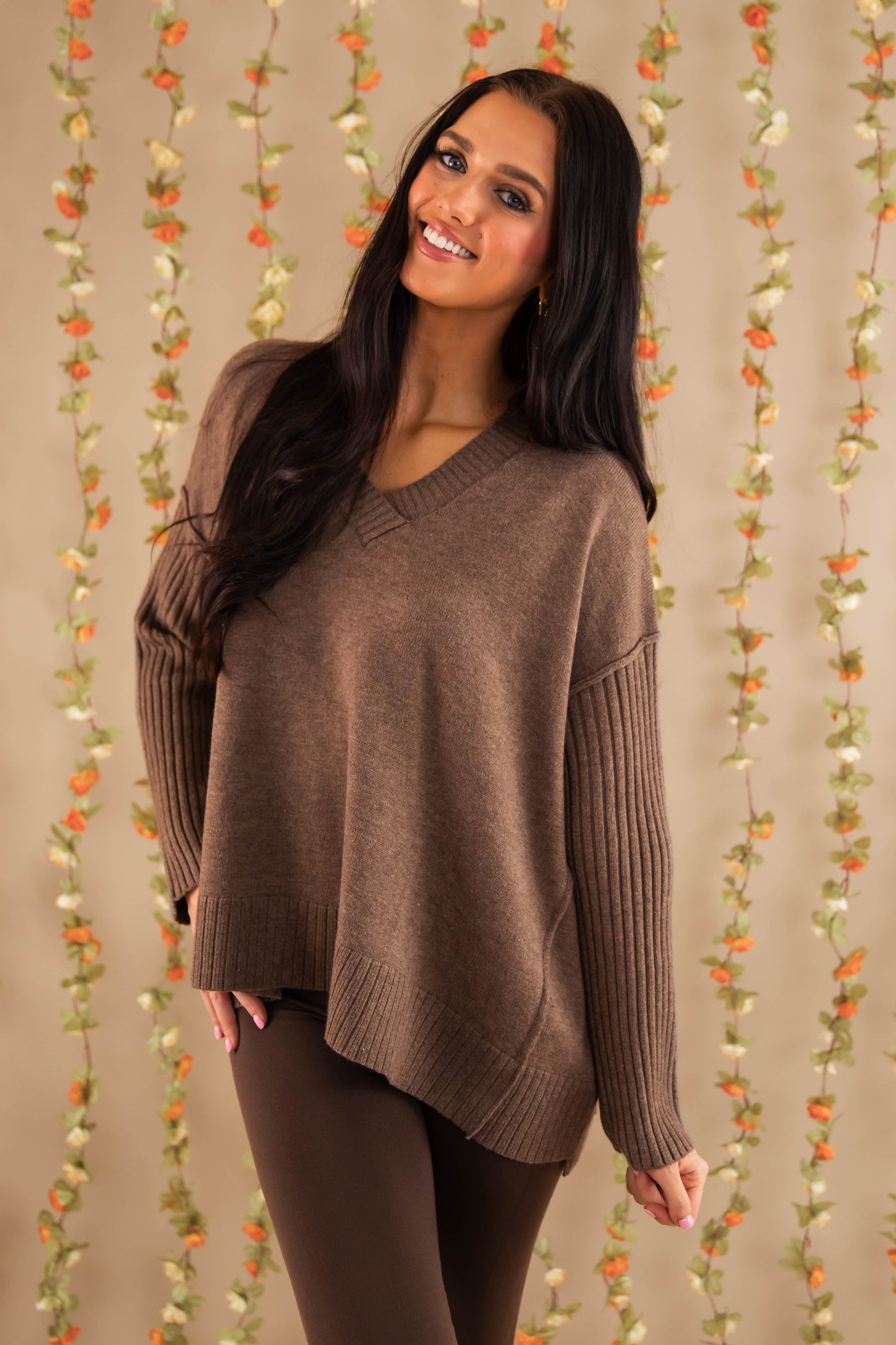 Women's Brown Brushed Knit Sweater- Oversized V-Neckline Sweater- Women's Comfy Tops