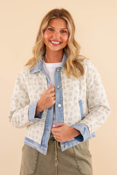 Women's Vintage Floral Denim Jacket- Floral Quilted Jacket- Main Strip Quilted Jacket with Denim Trim