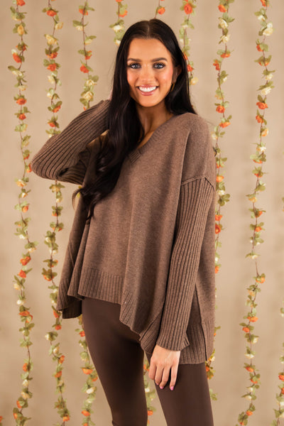 Women's Brown Brushed Knit Sweater- Oversized V-Neckline Sweater- Women's Comfy Tops