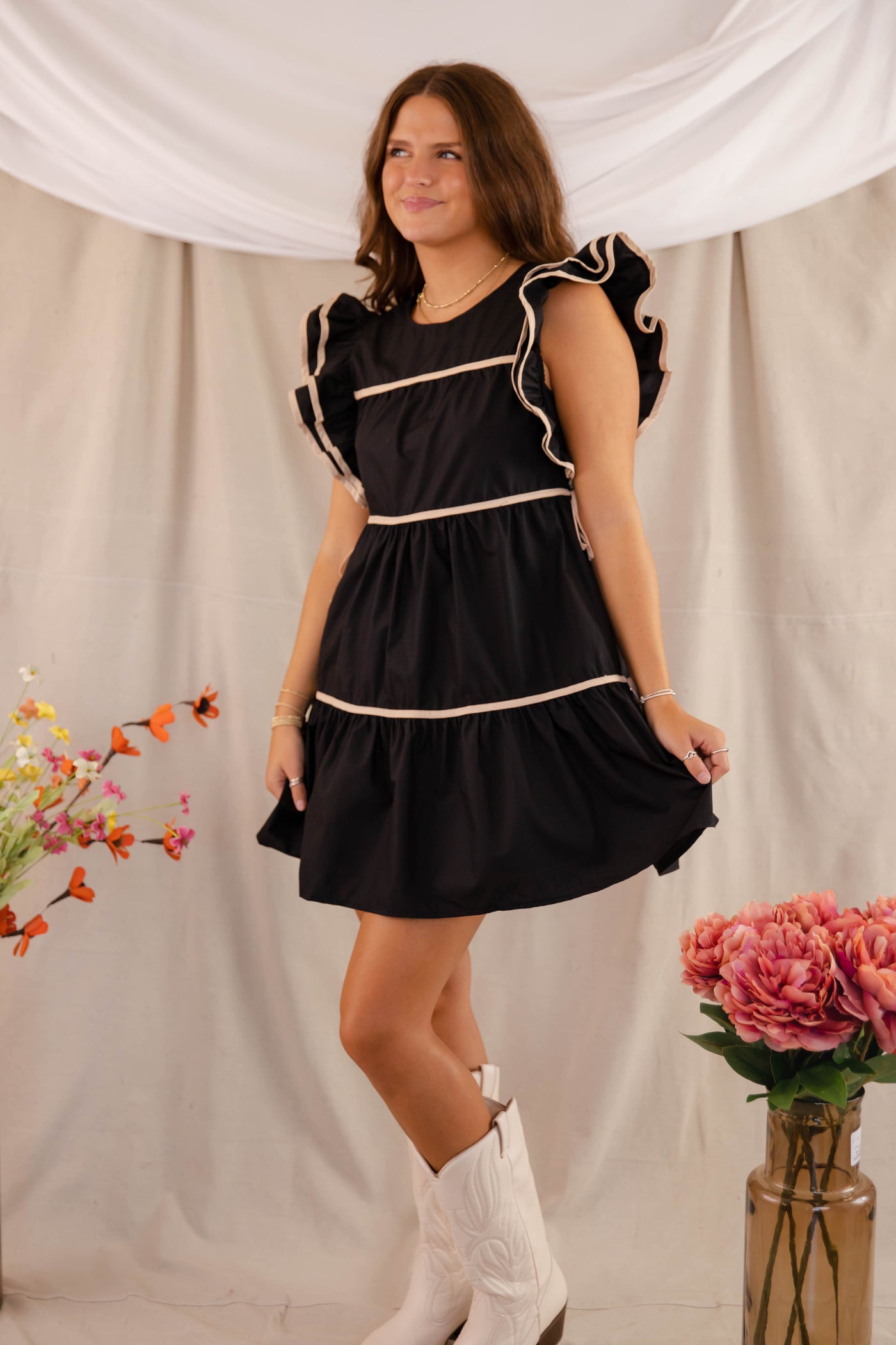 Women's Black Tiered Dress- Black Ribbon Dress- Women's Black Ruffle Dress