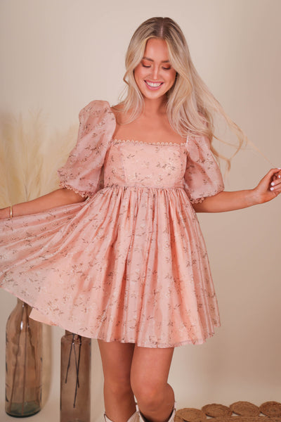 Women's Pink Babydoll Dress- Floral Pink Babydoll Dress- Storia Mini Dress