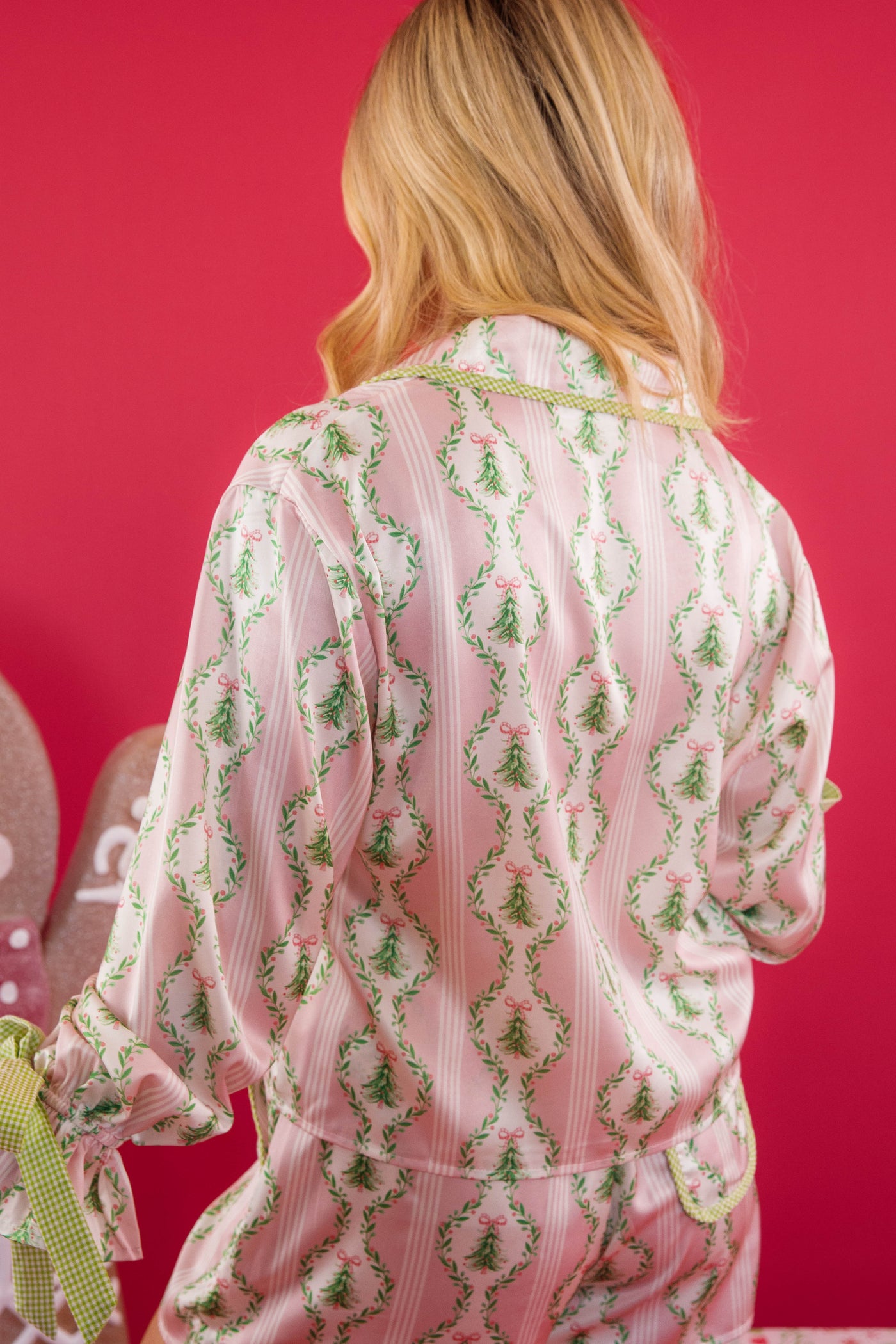Satin Christmas Pajama Top- Pink and Green Christmas Tree Pajama Top- Peach Love Cream Christmas Pajama Top