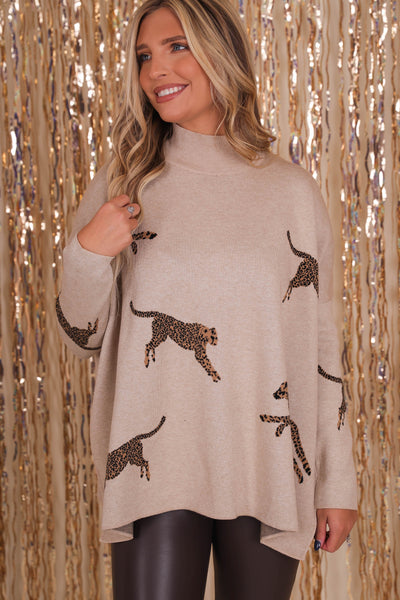 Women's Oatmeal Cheetah Sweater- Oatmeal Mock Neck Sweater- Oatmeal Entro Cheetah Sweater