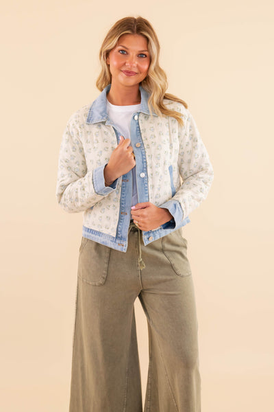 Women's Vintage Floral Denim Jacket- Floral Quilted Jacket- Main Strip Quilted Jacket with Denim Trim
