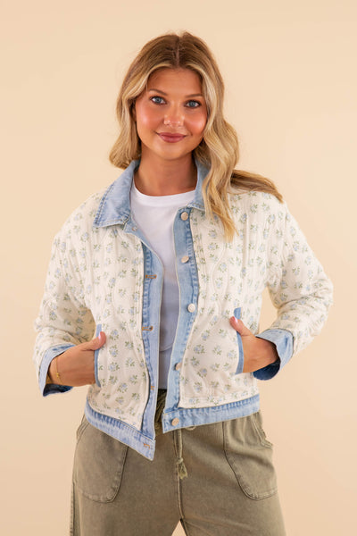 Women's Vintage Floral Denim Jacket- Floral Quilted Jacket- Main Strip Quilted Jacket with Denim Trim