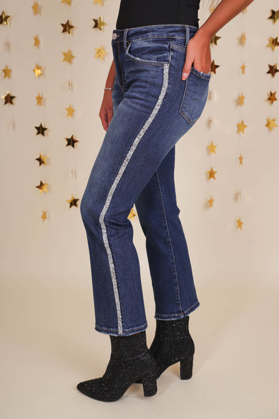 Women's Rhinestone Jeans- Straight Leg Sparkle Jeans- Risen Jeans