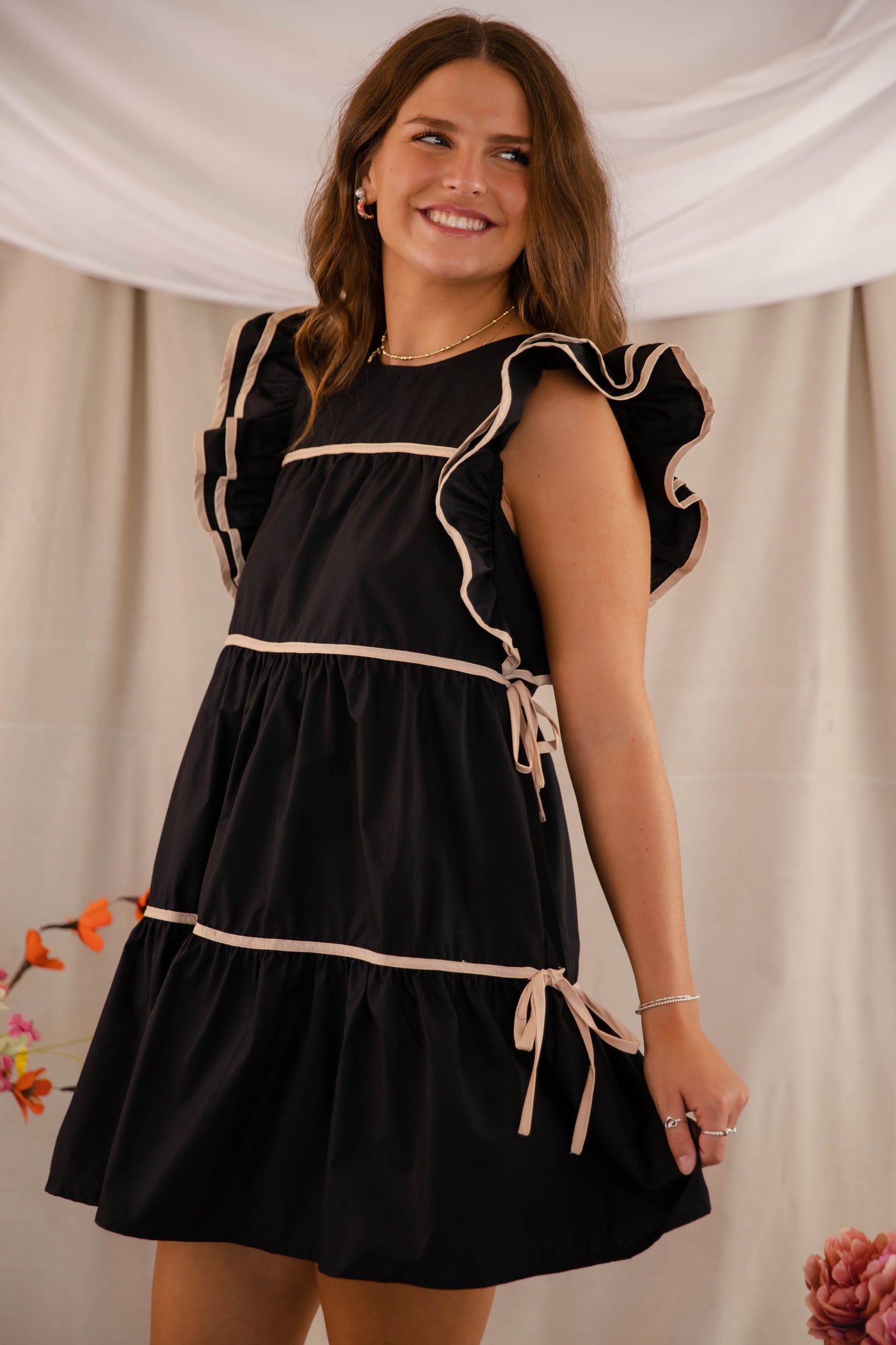 Women's Black Tiered Dress- Black Ribbon Dress- Women's Black Ruffle Dress