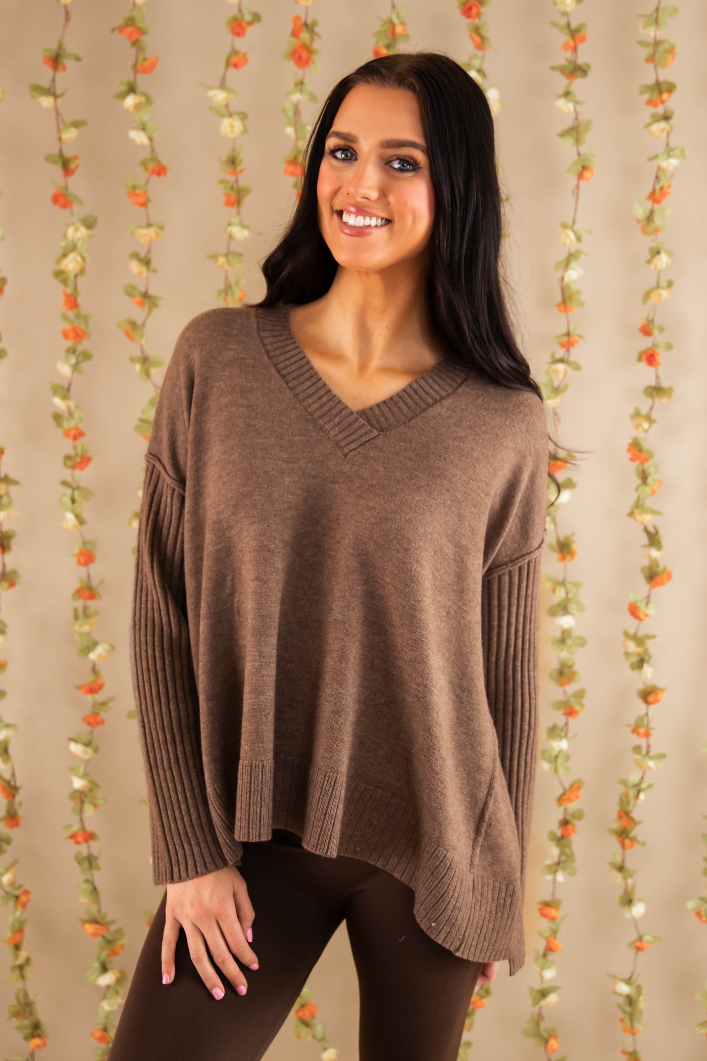 Women's Brown Brushed Knit Sweater- Oversized V-Neckline Sweater- Women's Comfy Tops