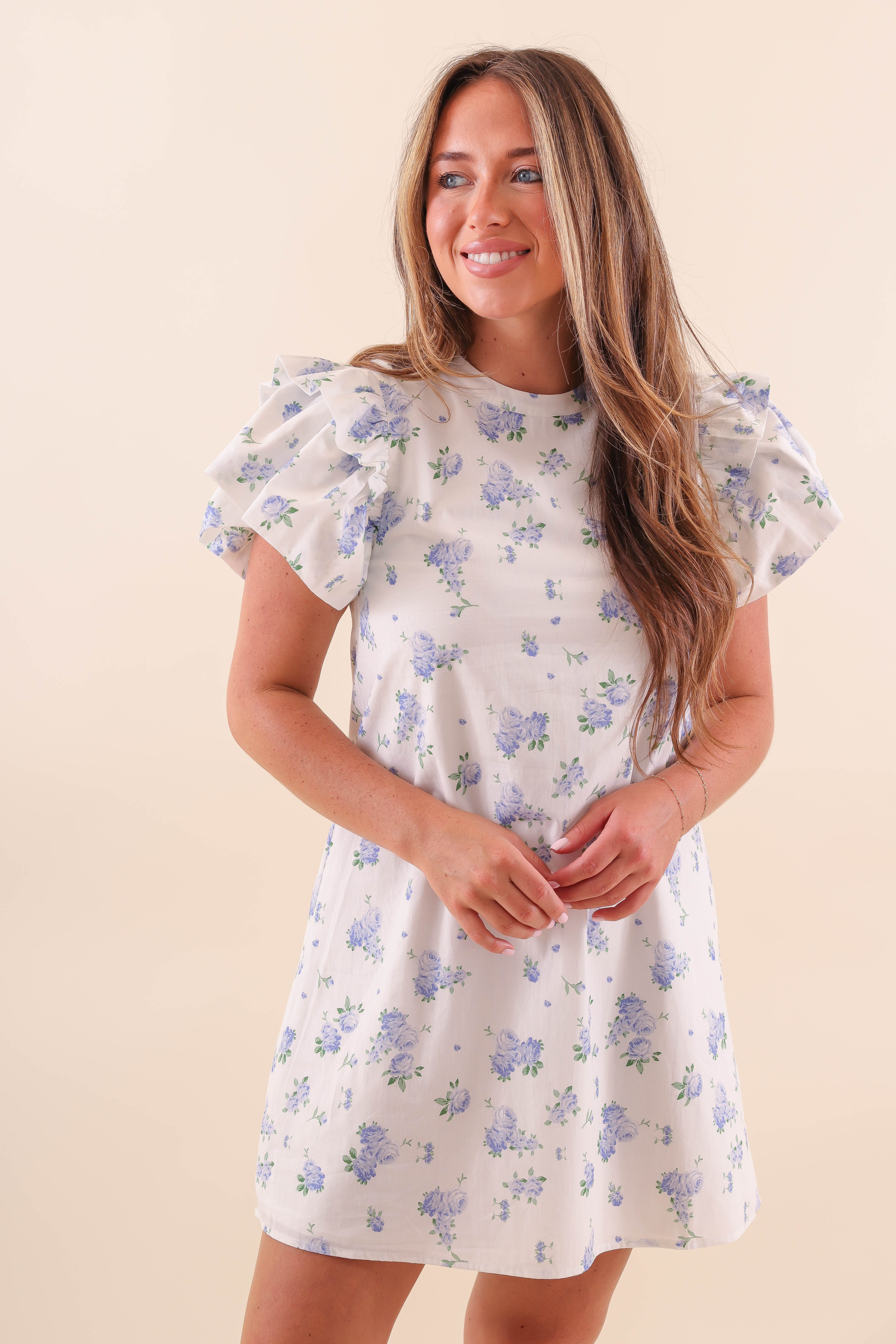 White Floral Shift Dress - Floral Shift Dress with Ruffled Sleeves ...