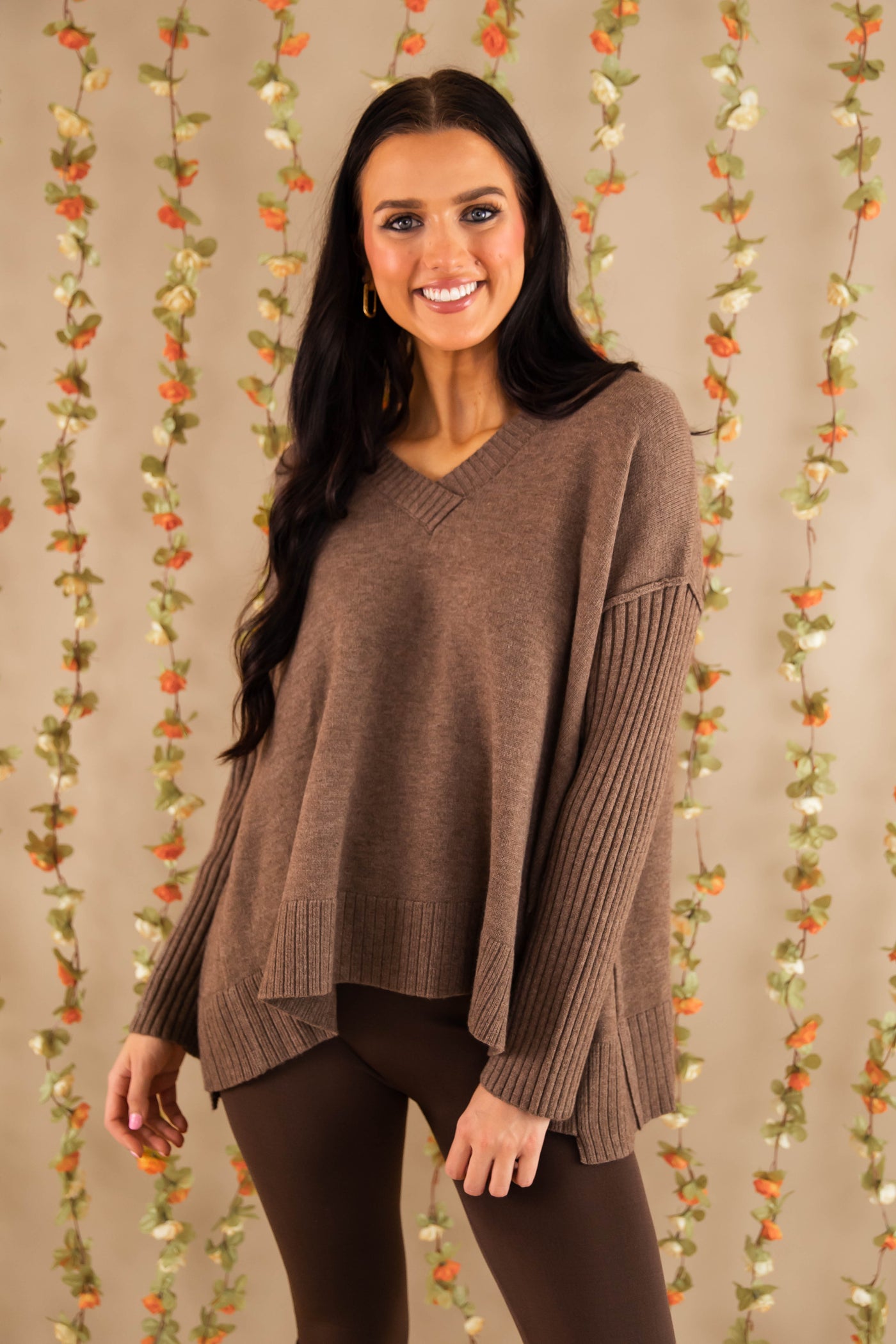 Women's Brown Brushed Knit Sweater- Oversized V-Neckline Sweater- Women's Comfy Tops