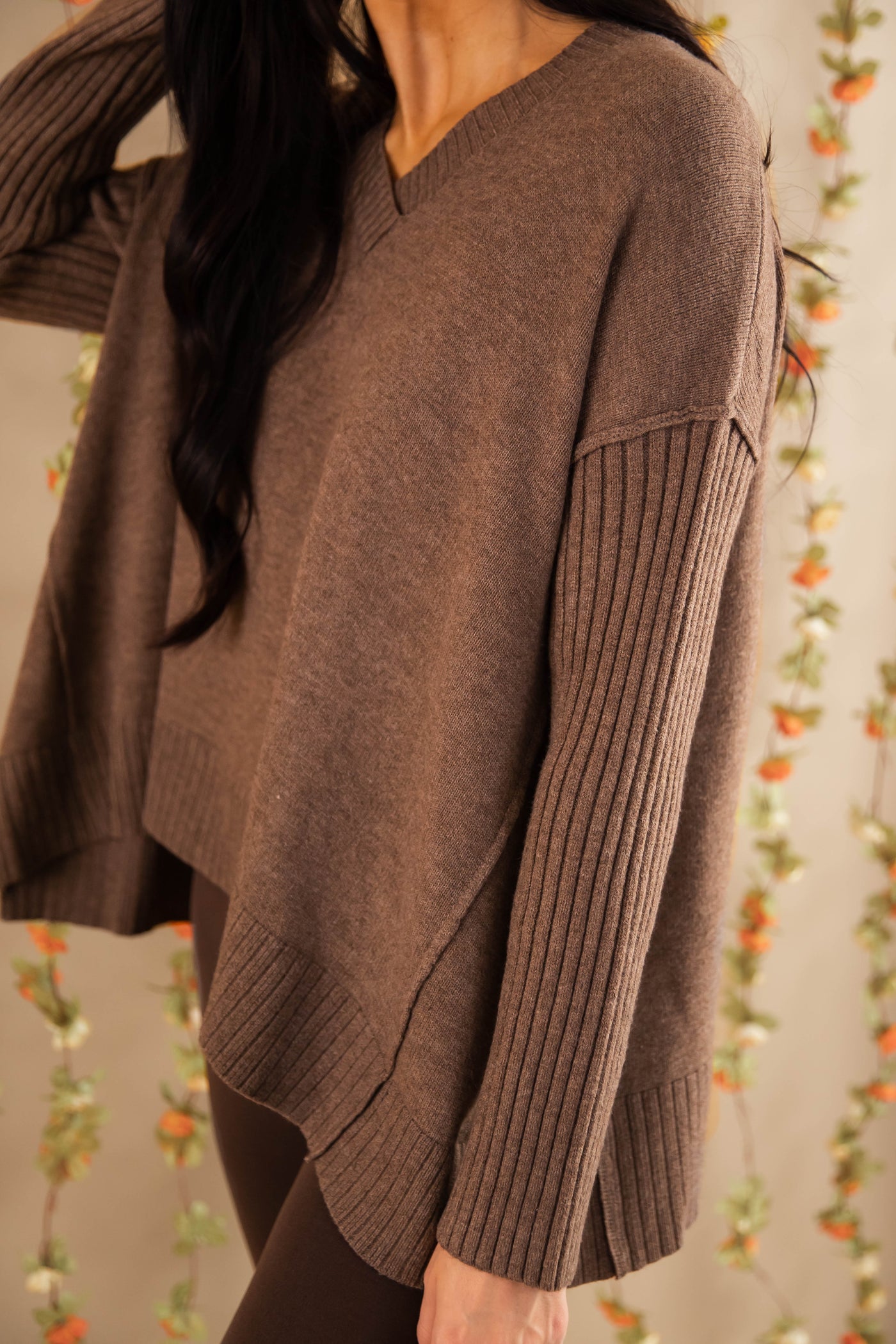 Women's Brown Brushed Knit Sweater- Oversized V-Neckline Sweater- Women's Comfy Tops